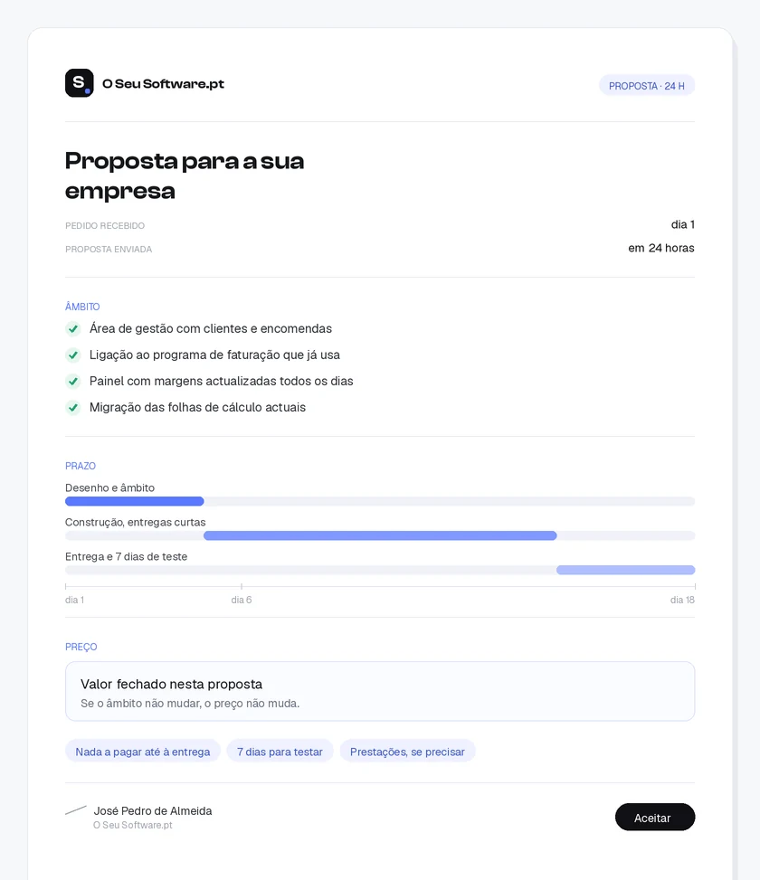 Exemplo de proposta: âmbito com quatro pontos, mapa das fases até ao dia 18, preço fechado e assinatura